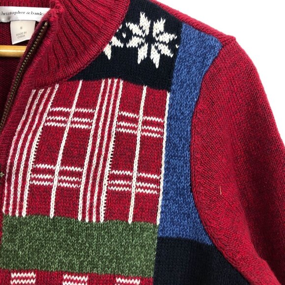 Vtg Christopher & Banks Nordic Snowflake Patchwork Knit Cardigan Small Deer Zip - Picture 8 of 11
